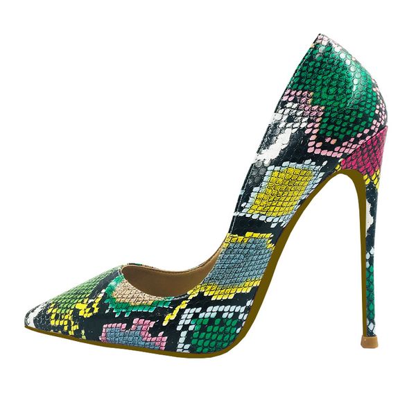 

2020 colorful snake python print genuine leather shallow stilettos high heels women dress party shoes pumps 12cm 10cm 8cm, Black