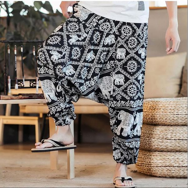 

baggy cotton linen harem pants men hip hop plus size wide leg trousers new casual vintage long pants pantalon hombre 2020, Black
