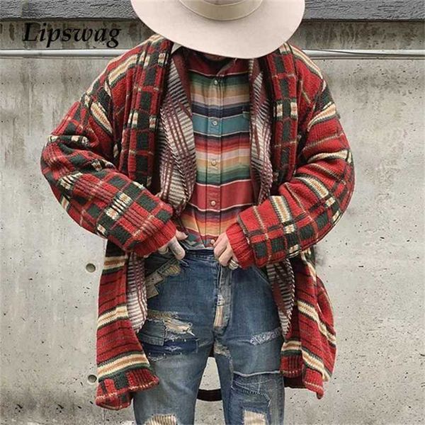 

autumn winter warm knitted cardigan mens outerwear vintage plaid printed long sleeve sweater jackets men casual loose sweaters 211221, White;black