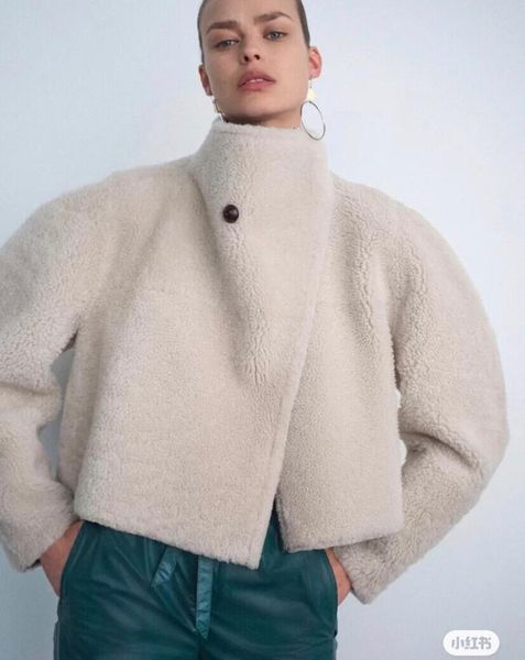 

2020 woman faux suede wool blend reversible short jacket funnel high collar with one button long sleeves drop shoulder oversized marant, Black;brown