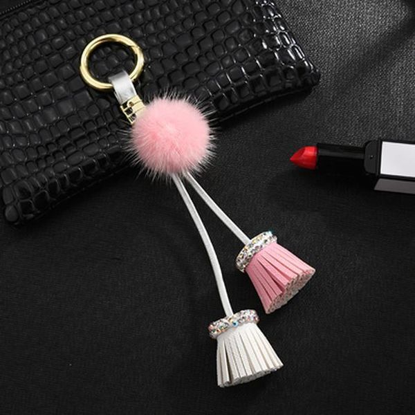 

new tassel keychain with mink fur ball gifts for women llaveros mujer car bag accessories keyring holder jewelry key chain eh350 h bbyfet, Slivery;golden