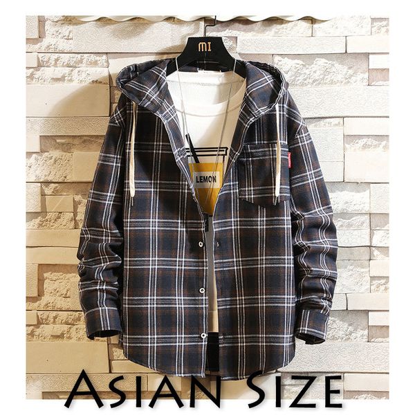 

2021 new privathinker mens streetwear hooded long sleeve shirts male autum causal pocket plaid coat plus size cotton shirt bgxb, White;black