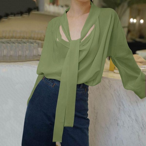 

fashion women chiffon shirts celmia v-neck long sleeve blouses casual loose solid bow tie elegant blusas femininas, White