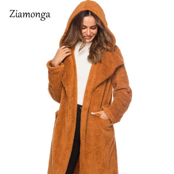 

ziamonga women lady coat long sleeve warm wooded fashion medium length solid color for winter overcoat, Black