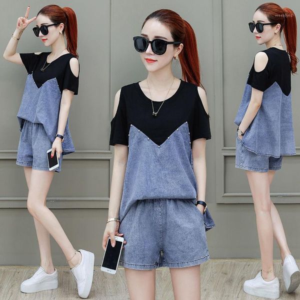 

2020 summer outfits new women short sleeve round neck printed stitching denim short pants two piece sets tracksuit f1741, White