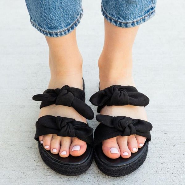 

women's slippers summer slip-on bow flat beach flip flops women open toe breathable weave slippers for women zapatos de mujer1, Black
