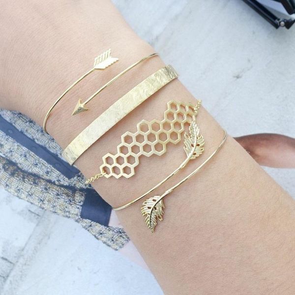 

hebedeer bohemian simple kpop open leaf arrow molecular bangle bracelet women combination fashion bangle jewelry accessories, Black