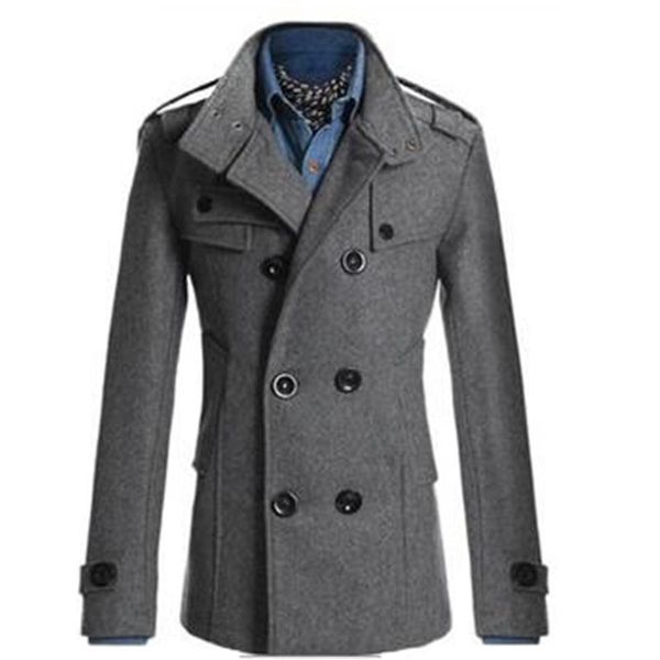 

men's wool & blends england vintage coat for men slim jacket outerwear double breasted cotton trench winter thick overcoat, Black