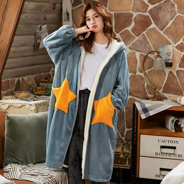 

cute star coral fleece hoods robe gown with button girls flannel sleepwear winter thick warm homewear soft intimate lingerie1, Black;red