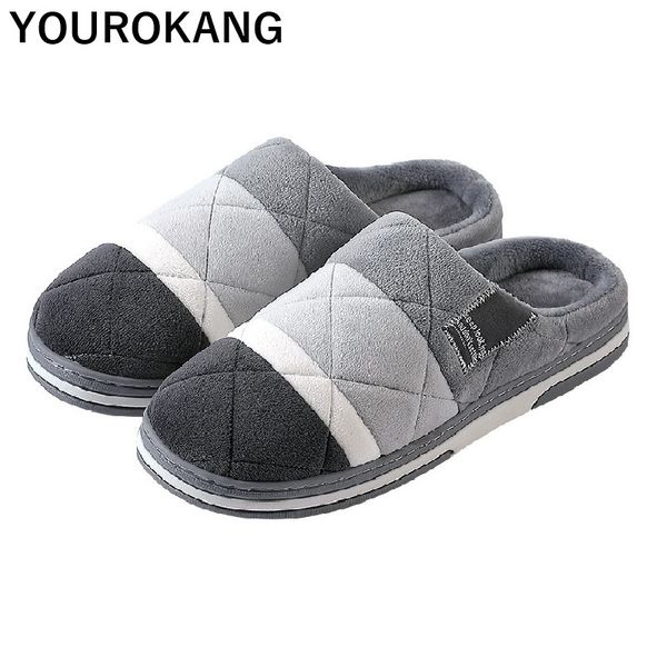 

big size men winter home slippers soft plush house couple shoes male indoor cotton shoes gingham furry lovers floor flip flops y200107, Black