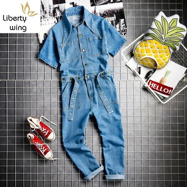 

euro hip hop fashion mens denim jumpsuit vintage one piece cargo pants short sleeve jeans bib overalls casual cowboy jumpsuits1, Blue
