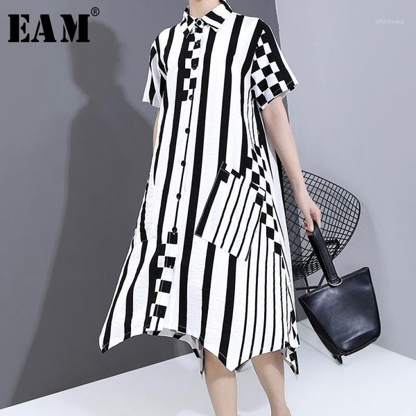 

eam] women black striped plaid big size shirt dress new lapel short sleeve loose fit fashion tide spring summer 2020 1t8531, Black;gray