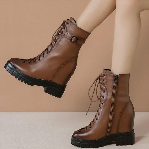 

fashion sneakers women lace up cow leather high heel ankle boots female high round toe platform creepers casual shoes buckle, Black