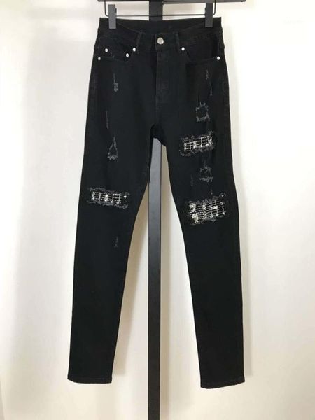 

men stretchy skinny embroidery music patch distressed jeans1, Blue