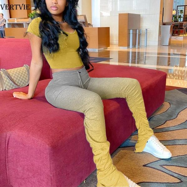

vertvie high waist sweatpants women jogger 2pc gradient yoga set stacked legging bell bottom trouser split hem flare ruched pant, White;red