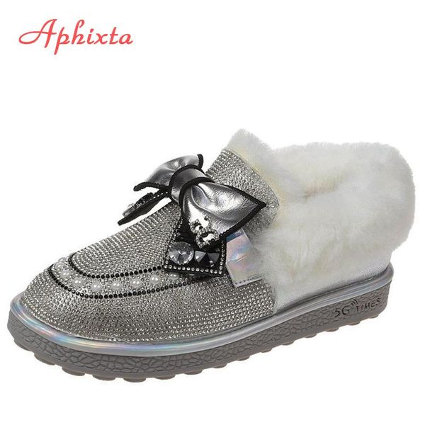

aphixta 2020 кристалл теплого снега сапоги женщина бант женская зимняя обувь стразы diamonds башмаков winter plus мех женских, Black