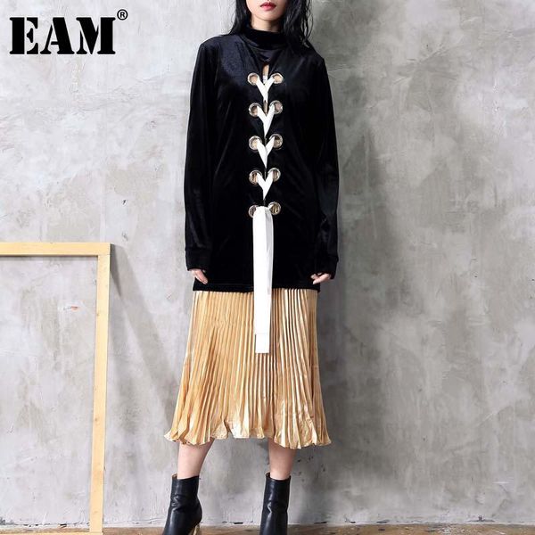 

women's t-shirt [eam] women metal hollow out ribbon bandage velvet turtleneck long sleeve fashion tide autumn winter 2021 1dd2378, White