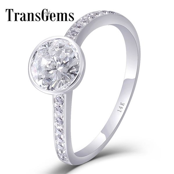 TRANSGEMS SOLID 10K / 14K White Gold Centre 1CT 6.5mm F Cor Anel Moissanite Casamento Banda com Acentos Para Mulheres Fine Jewelery Y200620