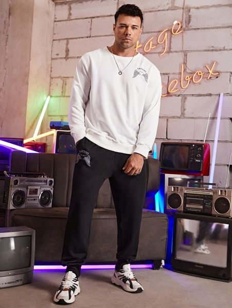 

extended sizes men wings & letter graphic pullover & sweatpants c5bp#, Gray