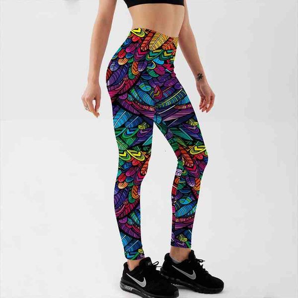 

summer arriaval color feathers 3d printed women fitness activewear elastic mid waist trousers drop, Black