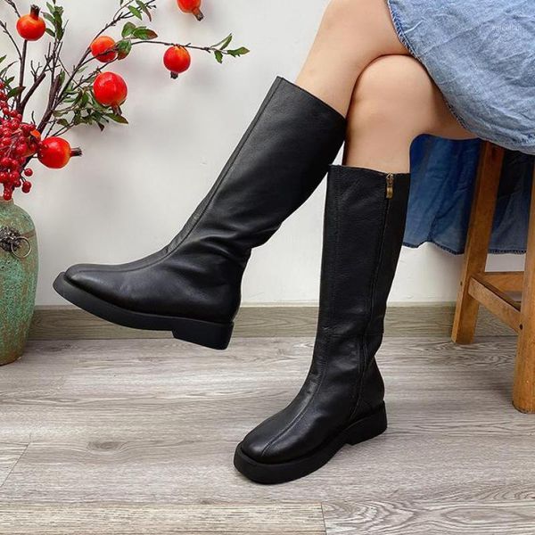 

johnature winter platform boots genuine leather zip women shoes round toe flat with sewing handmade concise leisure women boots1, Black