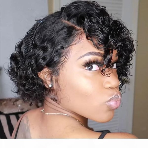 

pixie cut bob lace front wigs 150% lace front human hair wigs curly human hair wig remy lace closure wig pre plucked, Black;brown