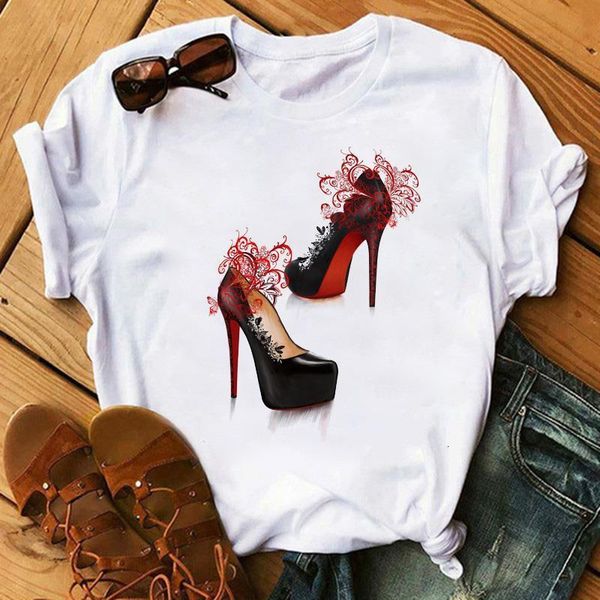 

watercolor high heels shoes print femme funny t shirt women 90s hip hop punk shirt girl casual, White