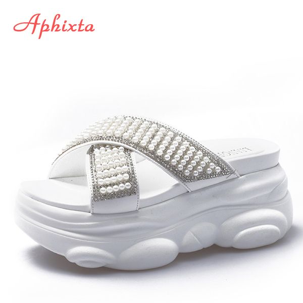

aphixta cross string bead slippers women pearl thick sole summer slippers fashion beach wedges slides platform heels shoes woman x1020, Black