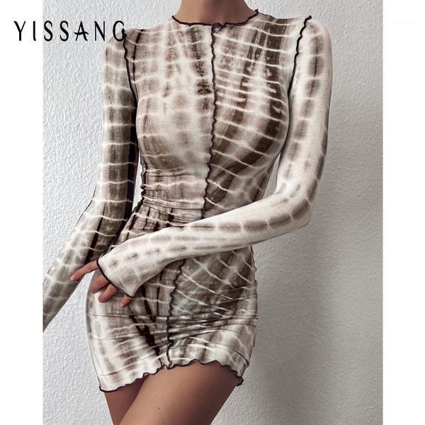 

yissang snake print tie dye patchwork dress women long sleeve bodycon dresses female mini vintage party dress club wear1, Black;gray