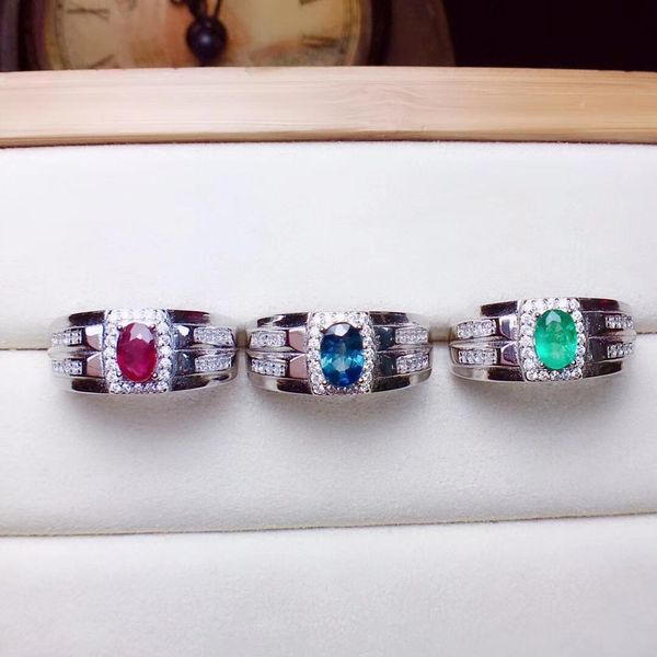 

precious gem men's ring. emerald ruby sapphire. all 925 sterling silver, certificate package j0112, Slivery;golden