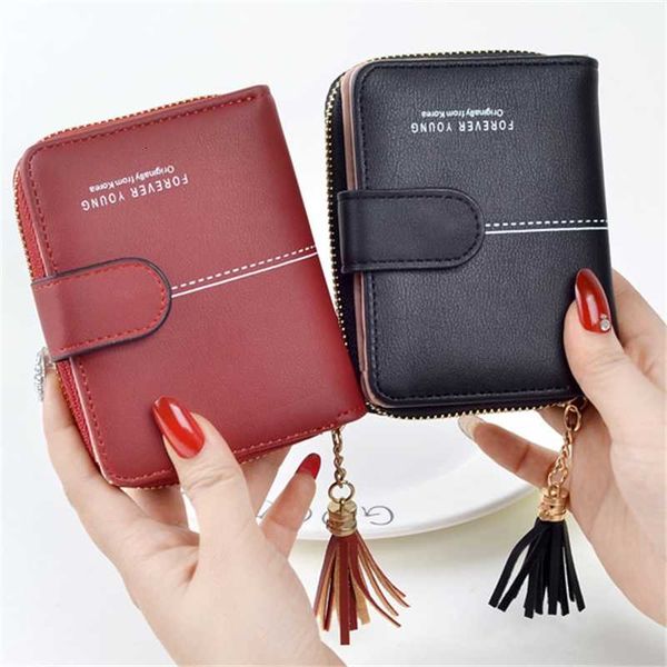 

women wallets girls short lady zipper hasp coin purse tassel woman clutch purses cards holder wallet billfold burse bags pocket, Red;black