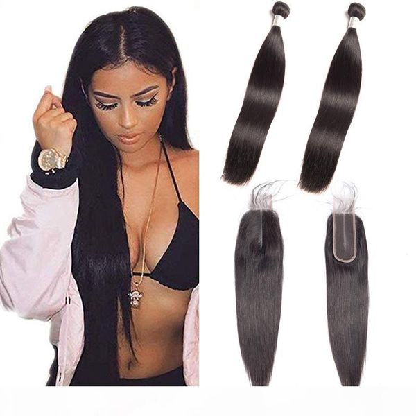 

indian raw virgin hair bundles with 2x6 lace closure middle part silky straight human hair wefts with 2 by 6 closure straight 3pieces, Black;brown
