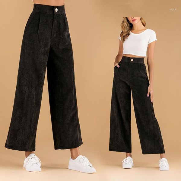 

2020 new autumn winter soft comfortable high-waist female thicken long wide leg pants straight slant pocket corduroy streetwear1, Black;white