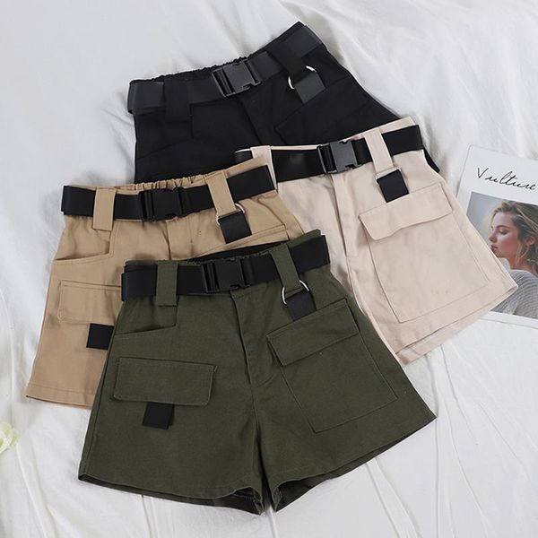 

european and american casual high waist overalls women loose loose thin multi-pocket shorts military straight belt blanc culotte, White;black