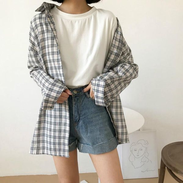 

2020 fall preppy style women shirts korean loose retro plaid long blouse shirt female student harajuku chic blusas mujer1, White