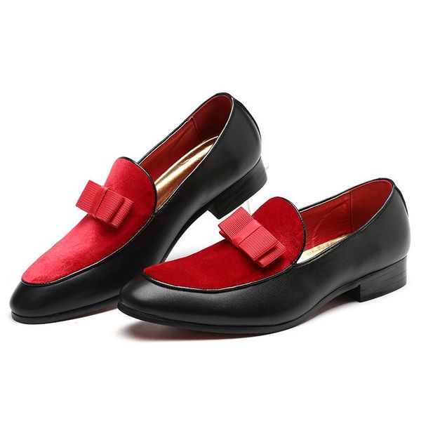 

autumn men formal shoes bowknot wedding dress male flats gentlemen casual slip on shoes black patent leather red suede loafers
