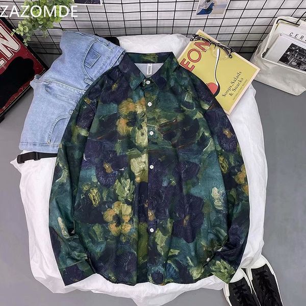 

2020 men shirt watercolor flowers painting printed full sleeve shirts men vintage casual shirt cargo men streetwear c1222, White;black