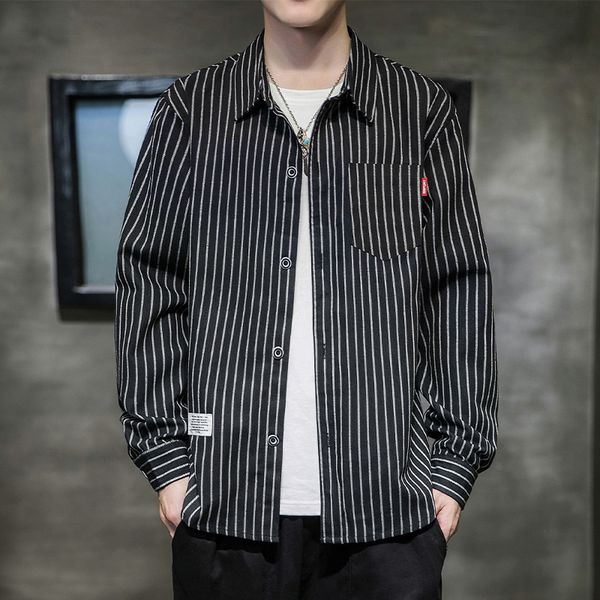 

2020 new korean fashion loose long sleeve coat inch autumn men's striped cotton linen shirt, White;black