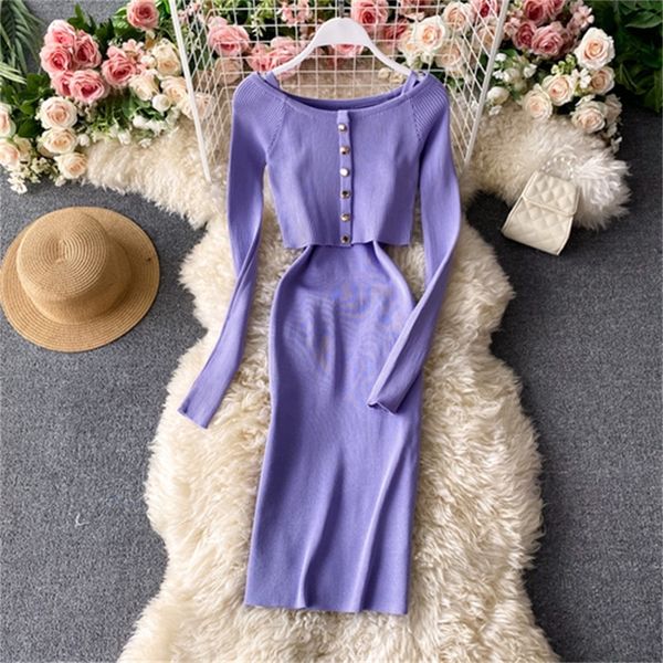 

2021 new spring and autumn new one-line neck strapless short knit two-piece fashion tight-fitting suspender skirt fbff, Gray