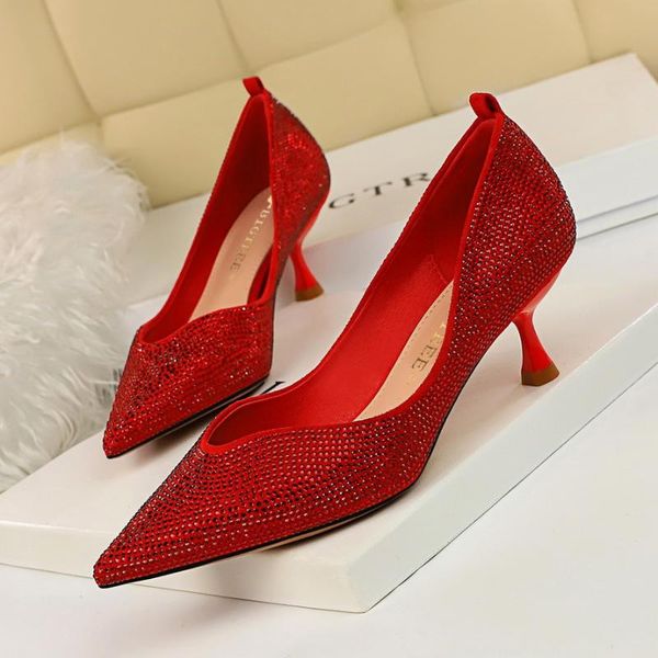 

1061-1 fashion and elegant women's shoes high heels, shallow mouth, pointed head, shining rhinestone women's single shoes, Black