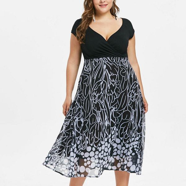 

38 casual fashion women dress 2021 womens plus size v neck casual short sleeve flowerpot print cross dress, Black;gray