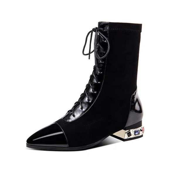 

women's winter leather boots fashion women's high-heeled thigh-high boots pointed high-end martin botas mujer, Black