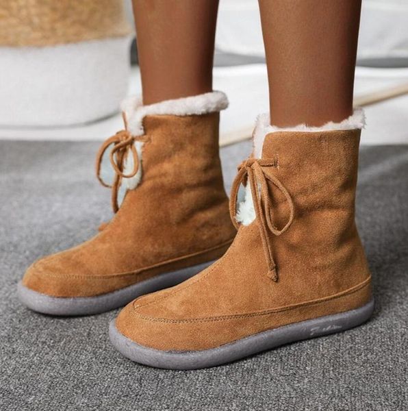 

women winter snow boots non slip ladies flats casual lace up plush warm mid calf shoes fashion footwear female plus size 43, Black