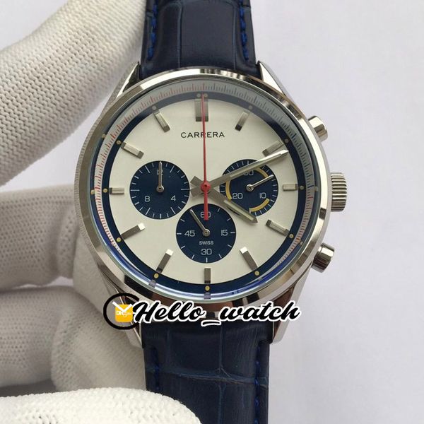 

3a 41mm new white dial blue subdial vk quartz chronograph mens watch satch steel case blue leather strap watches hello_watch 9 color, Slivery;brown