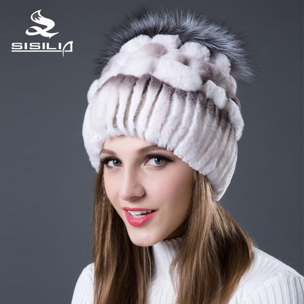 

beanie/skull caps 2021 rex fur hat with siliver around women's winter real natural hats keep warm, Blue;gray