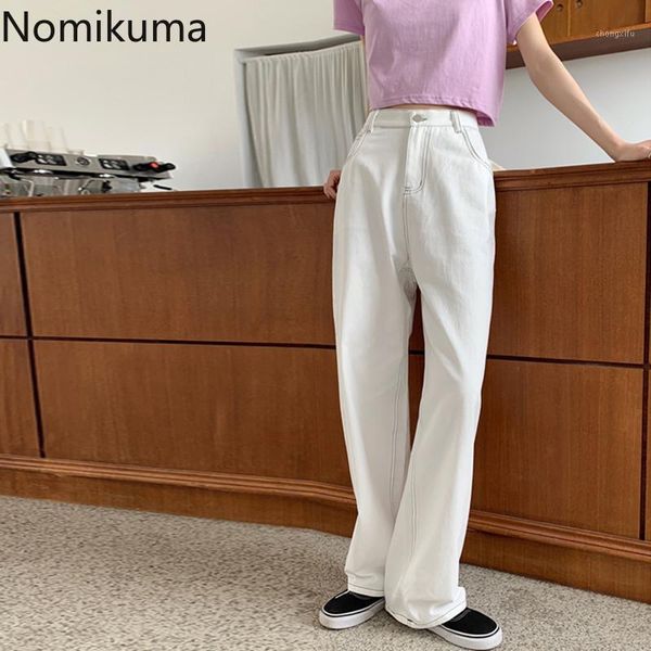 

nomikuma korean style straight loose white denim pants women high waist jeans trousers casual fashion pantalones mujer 3c3861, Blue