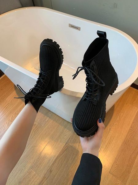 

women's boots autumn boots-women clogs platform rock shoes woman luxury designer booties ladies round toe lace up 2020 rubber, Black