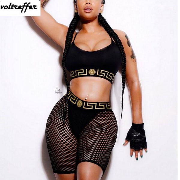 

2018 summer style black mesh patchwork two piece set outfits sheer halter bodysuit lingerie geometric overalls backless1, White