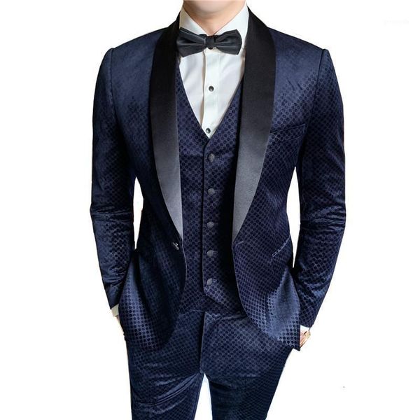 

blazer vest pants) suits luxury banquet embossed craft velvet autumn and winter slim dinner dress high-end custom men's suits1, White;black