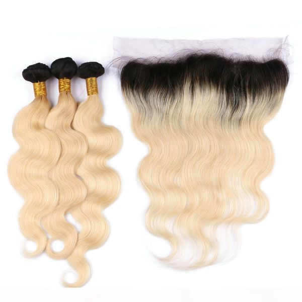 

two tone 1b 613 blonde ombre virgin hair with frontal 4pcs lot body wave golden blonde ombre 13x4 lace frontal closure with bundles, Black